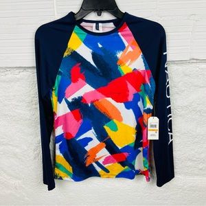 NWT NAUTICA UPS 30+ multi colored paint brush long sleeve rash guard size small